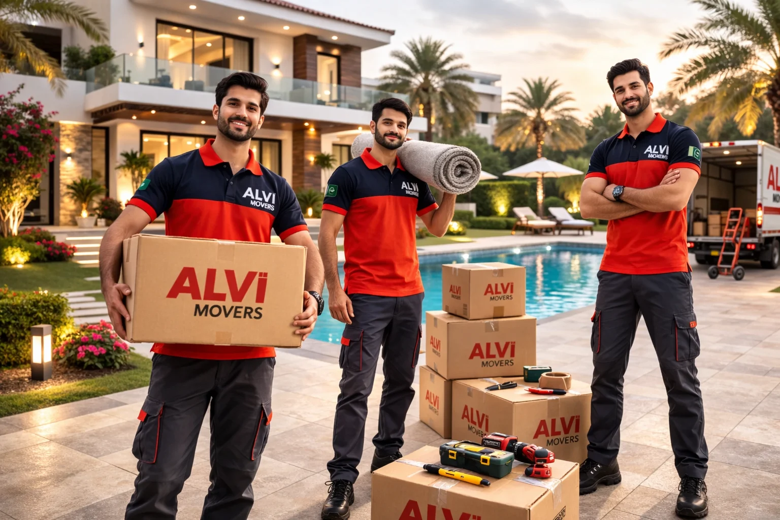 Movers in Downtown Dubai with Burj Khalifa view