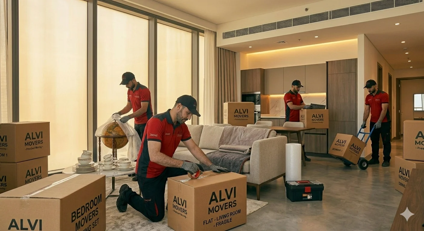 Professional flat movers in Sharjah carefully loading furniture into a moving truck