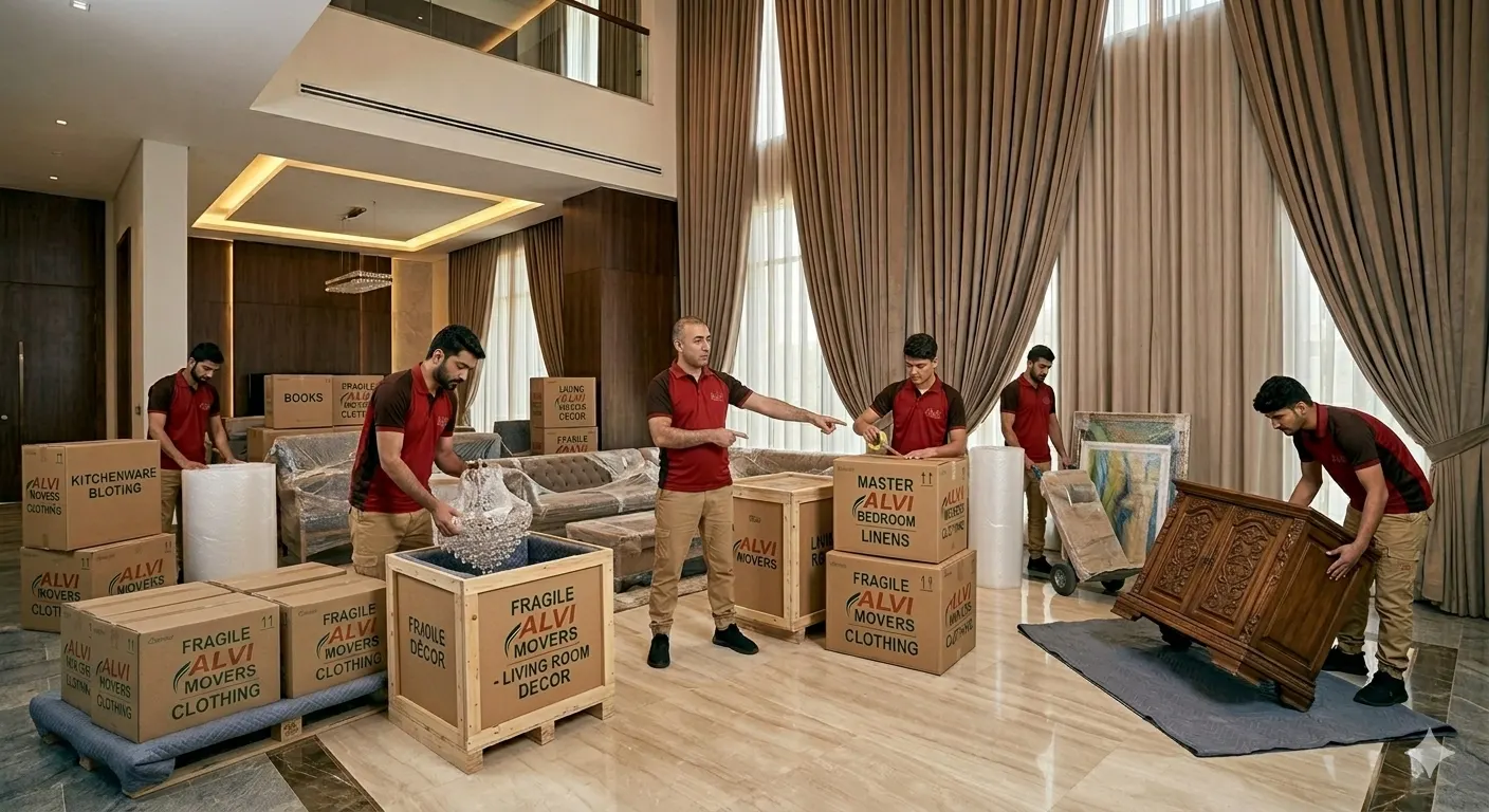 Professional furniture movers in Sharjah carefully loading furniture into a moving truck