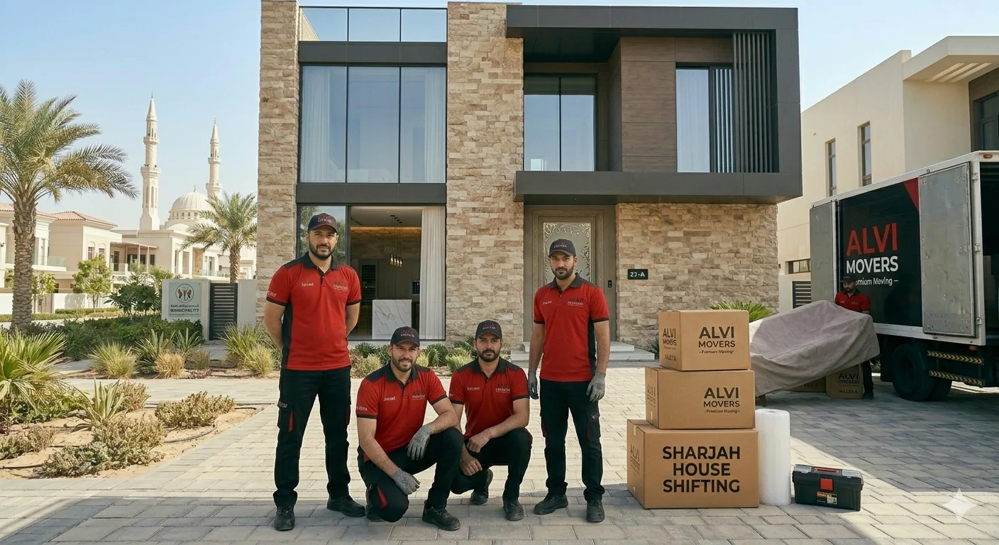 Professional local movers in Sharjah carefully loading furniture into a moving truck