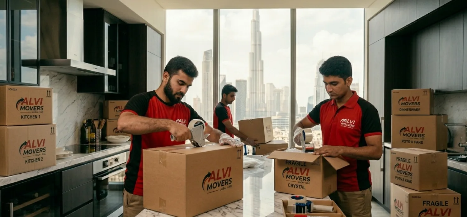 Professional movers in Dubai Sports City carrying furniture and boxes for house shifting