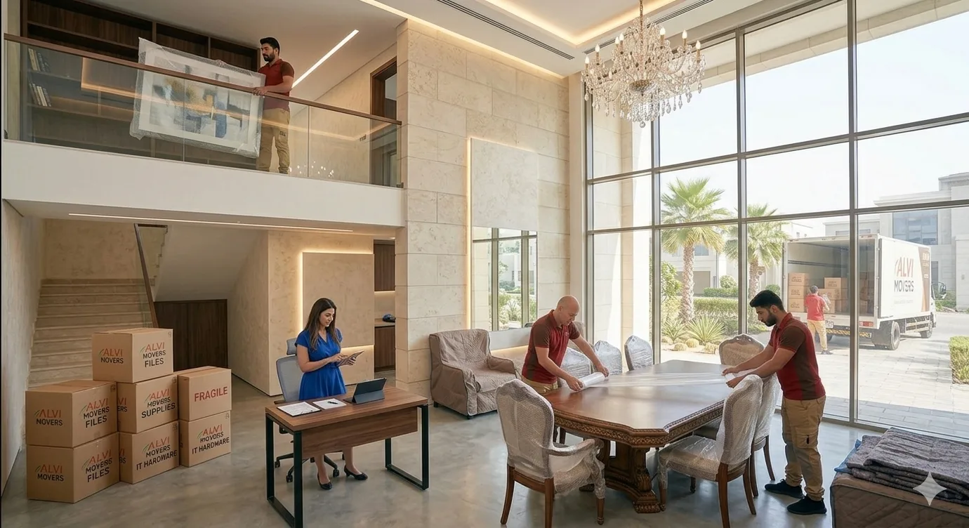 Professional movers in Muwaileh Sharjah loading household furniture into a moving truck