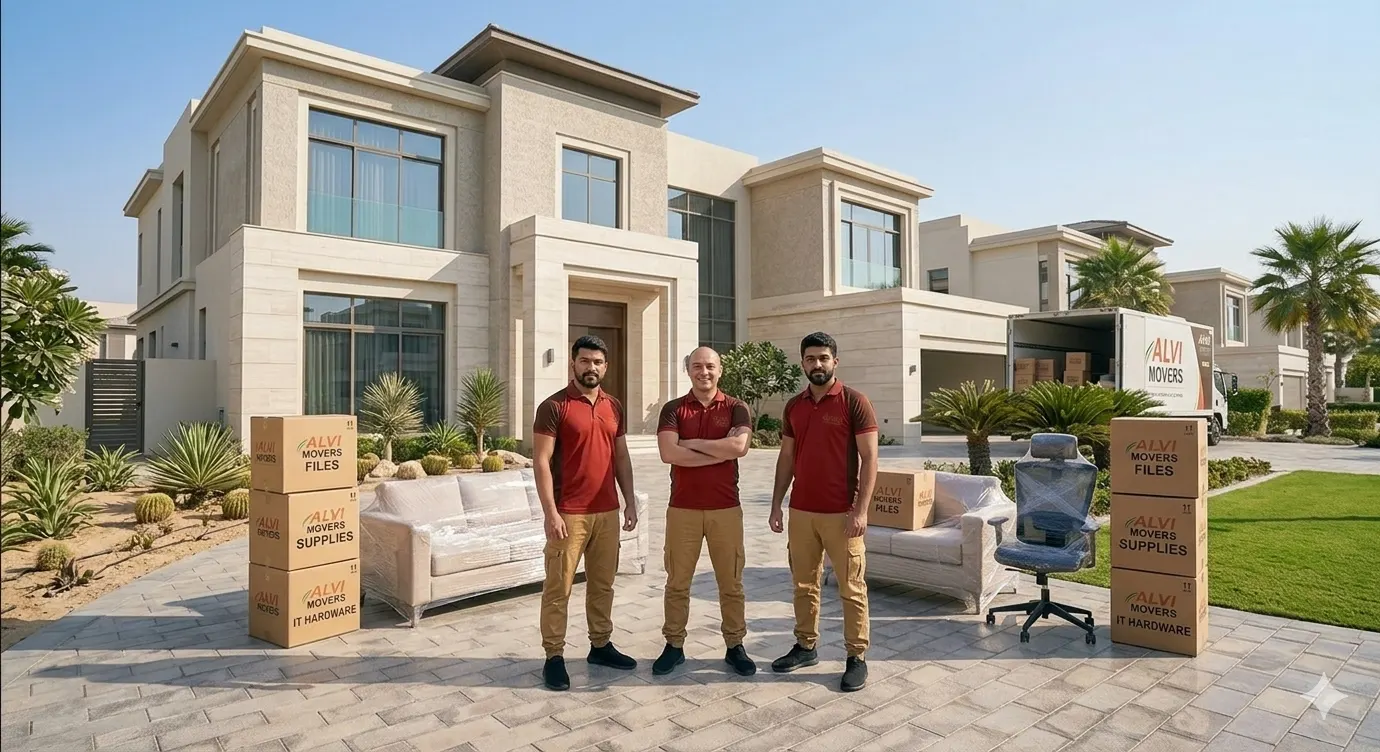 Professional movers in Dubai carefully loading furniture into a moving truck