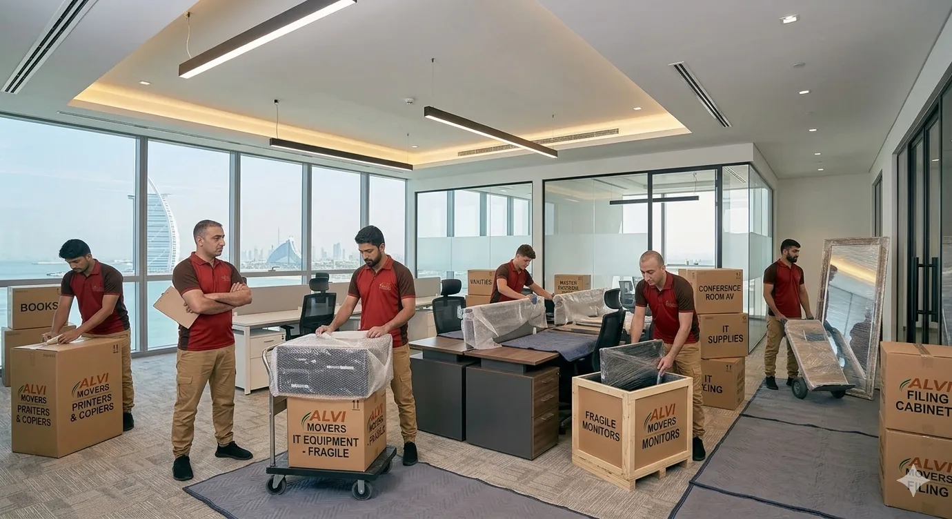 Professional office movers in Dubai relocating workstations and office furniture